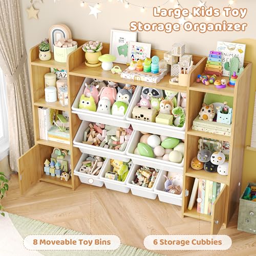FOTOSOK 55''Large Toy Storage Organizer with 8 Toy Bins, Toy Organizers and Storage with Shelf and 6 Storage Cubbies, Bookshelf for Kids