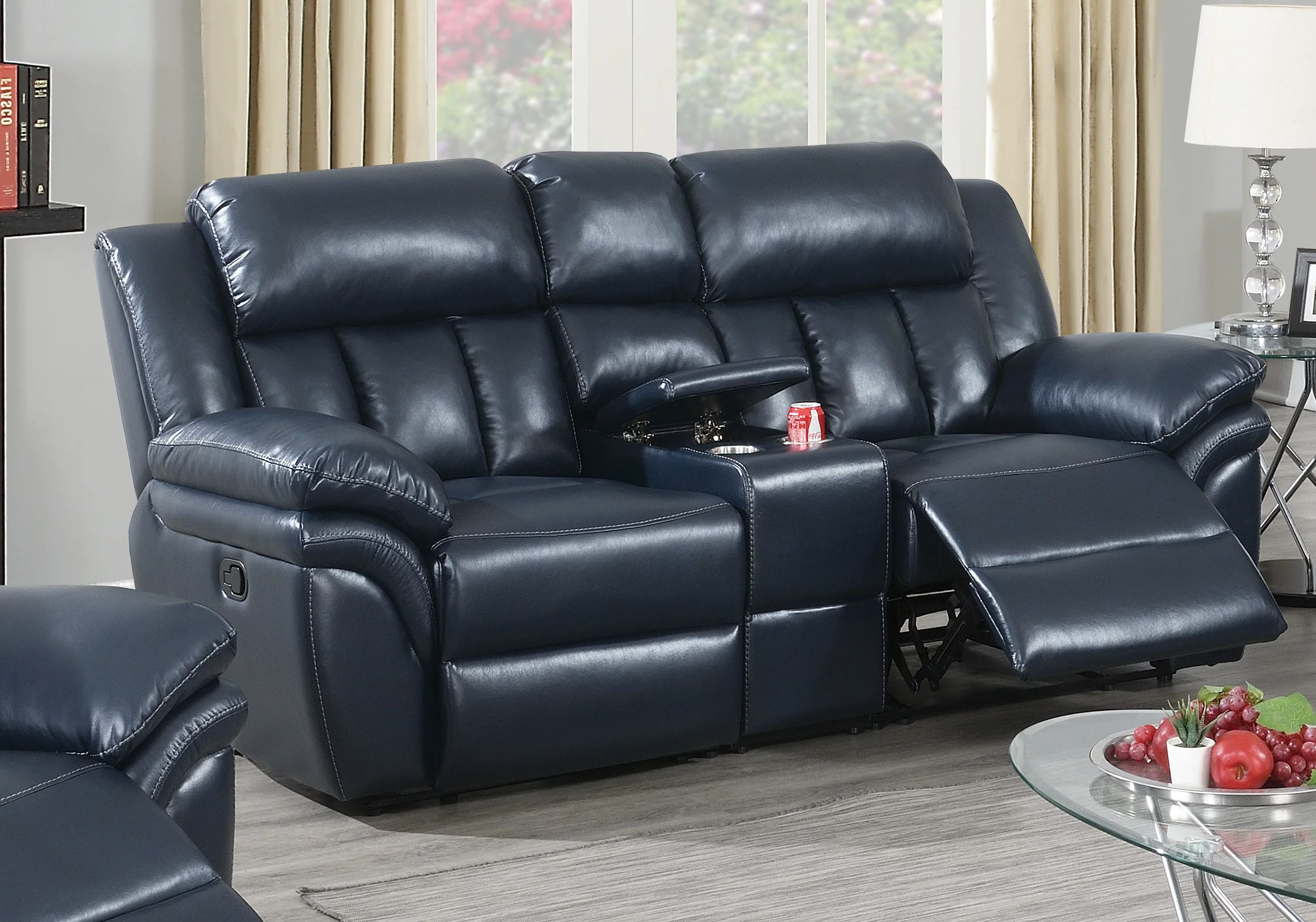 Contemporary Navy Blue Living Room Reclining Sofa set 2pcs Sofa Loveseat w Console Plush Padded Headrest Armrest