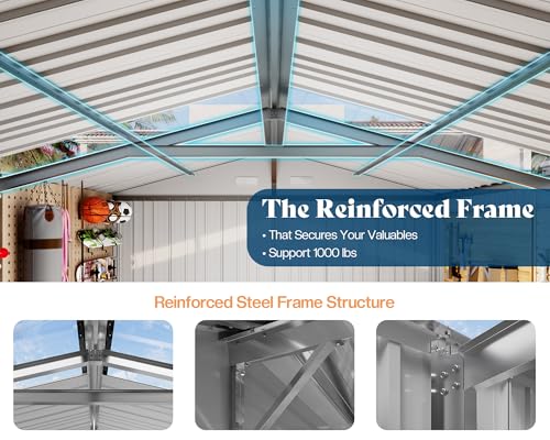 AMERLIFE 10.1x11.5x7.4 FT Galvanized Steel Storage Shed with Skylight Panels, 2 4-Pane Windows & Hinged Double Doors, Outdoor Shed for Backyard