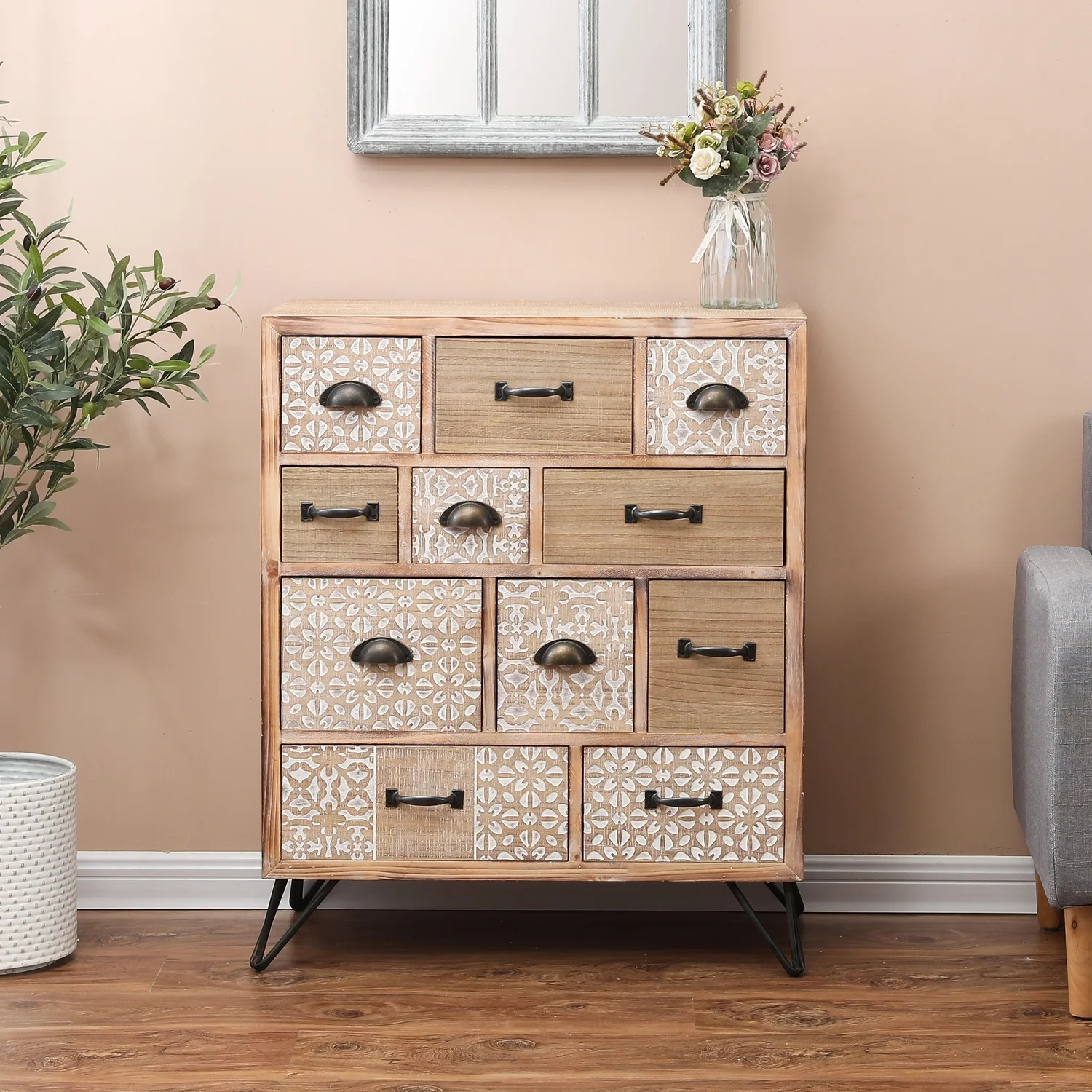 HomeStock Seaside Style 11-Drawer 33.5" H X 27.6" W Natural Wood Apothecary Chest