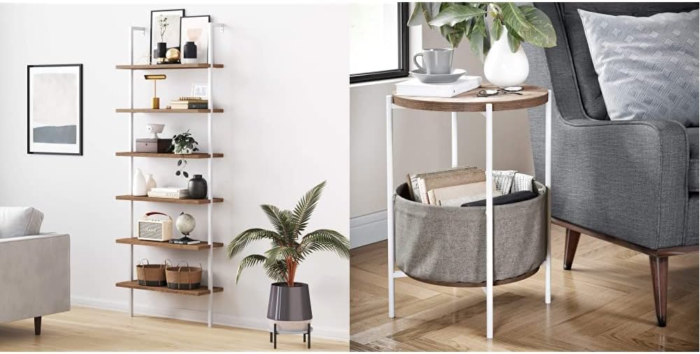 Nathan James Theo 5-Shelf Modern Bookcase, Open Wall Mount Ladder Bookshelf with Industrial Metal Frame, White/Gold