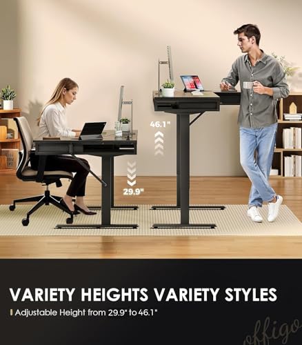 OffiGo 63 Inch L Shaped Electric Standing Desk with Drawers, Height Adjustable Large Desk with Power Outlets, Sit Stand Table