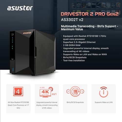 Asustor Drivestor 2 Lite AS1102TL, 2 Bay NAS Enclosure Network Storage, 1.7GHz Quad Core, 1GbE Port, 1GB RAM DDR4