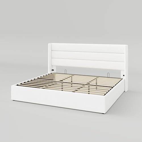 Allewie Full Size Lift Up Storage Bed, Modern Wingback Headboard, Hydraulic Support, No Box Spring Needed, Light Beige