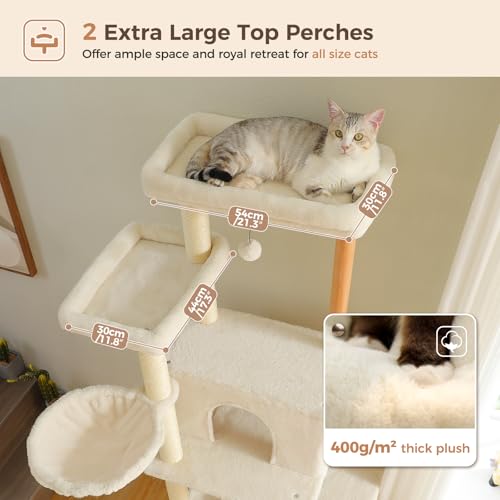 PAWZ Road Large Cat Tree, 73 Inches Tall Wooden Cat Tower with 2 Spacious Hammocks,2 Big Top Beds,8 Fully Scratching Posts and Natural Wood Posts