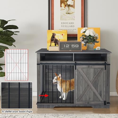 Aoowow Large Double Dog Crate Furniture 72.4" Indoor Dog Kennel with Sliding Barn Door and Divider
