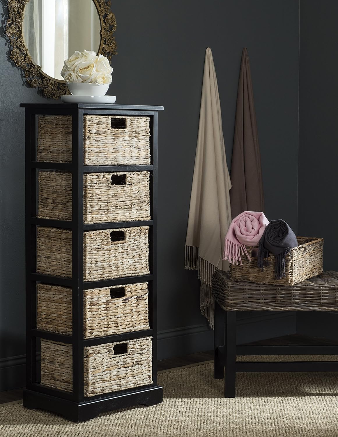 Safavieh American Homes Collection Vedette Distressed Black 5 Wicker Basket Storage Tower