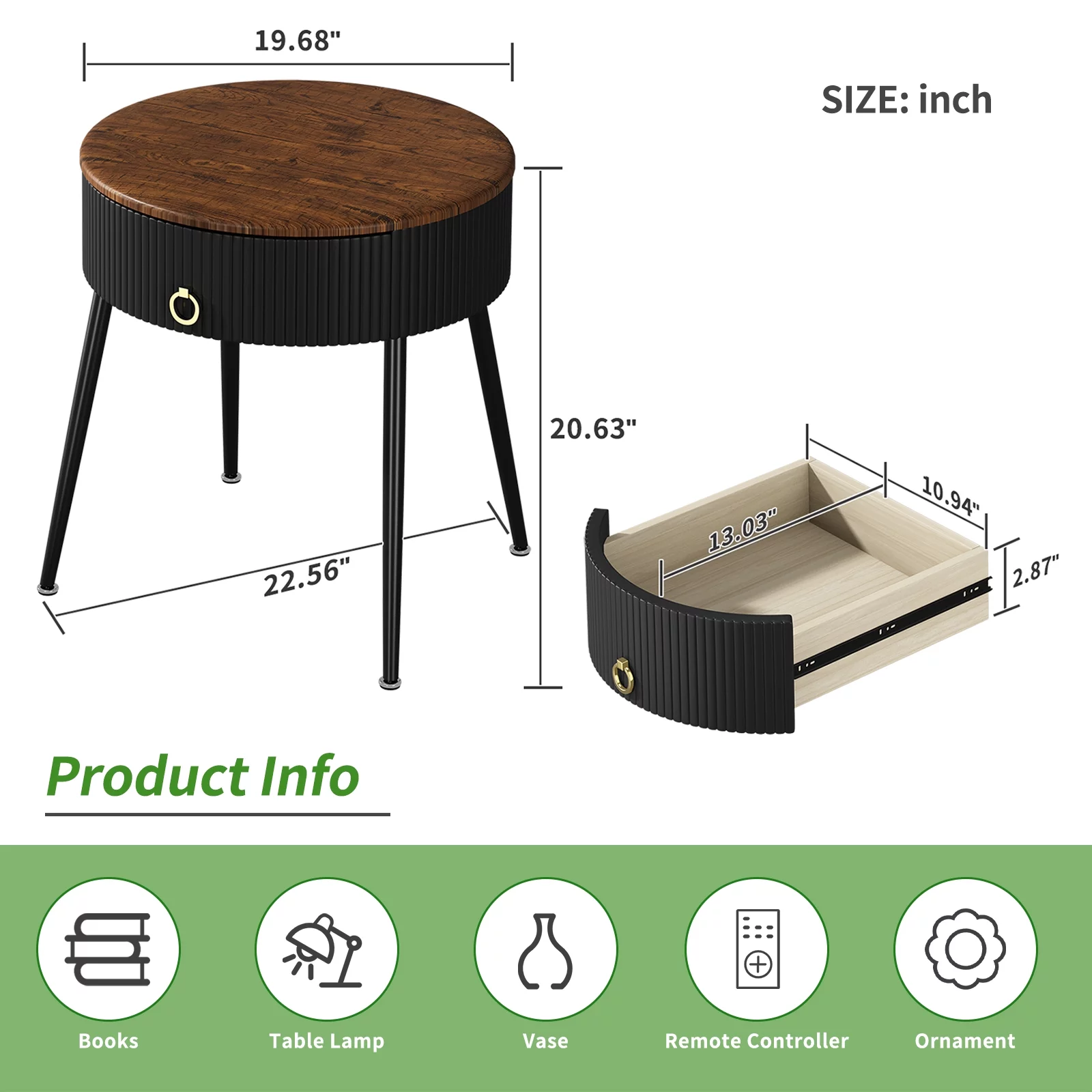 ASYA Black Metal End Table Set of 2, Wood Nightstand Side Table with Drawer, Round Accent Table for Home Living Room Bedroom, 20.63''H