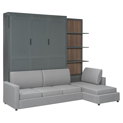 Harper & Bright Designs Queen Size Murphy Bed, Wood Queen Wall Bed with Sofa and Shelves, White
