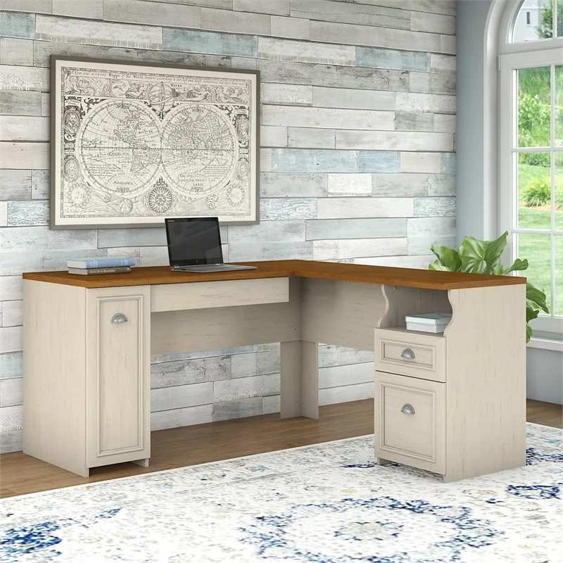 Scranton & Co Farmhouse Engineered Wood L Shaped Desk in Antique White
