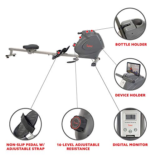 Sunny Health & Fitness Multi-Function Premium Magnetic Rowing Machine, Bicep Curls, Upward Rows, Seated Rows, Foldable Slide Rails, Digital Monitor