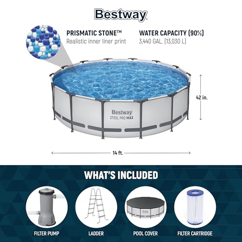 Bestway Steel Pro MAX 12 Foot by 30 Inch Round Above Ground Swimming Pool Set Outdoor Metal Frame Family Pool with Filter Pump, Gray