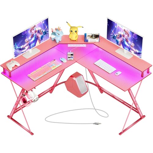 SEVEN WARRIOR Gaming Desk 50.4” with LED Light & Power Outlets, L-Shaped Gaming Desk Carbon Fiber Surface with Monitor Stand