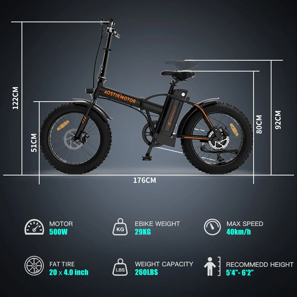 Aostirmotor Folding Electric Bike 20 inch Fat Tire , with 500W Motor, 36V 13AH Removable Lithium Battery,Ebikes for Adults（Black）