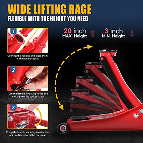 Auto Dynasty 4 Ton Low Profile Floor Jack, Heavy Duty Steel Hydraulic Car Jack with Dual Pistons Quick Lift Pump, Hydraulic Racing Floor Jack