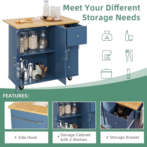 Shintenchi Rolling Kitchen Island Cart with Folding Drop Leaf Breakfast Bar, Portable Trolley Island with Large Storage Cabinet, Shelf and Drawer