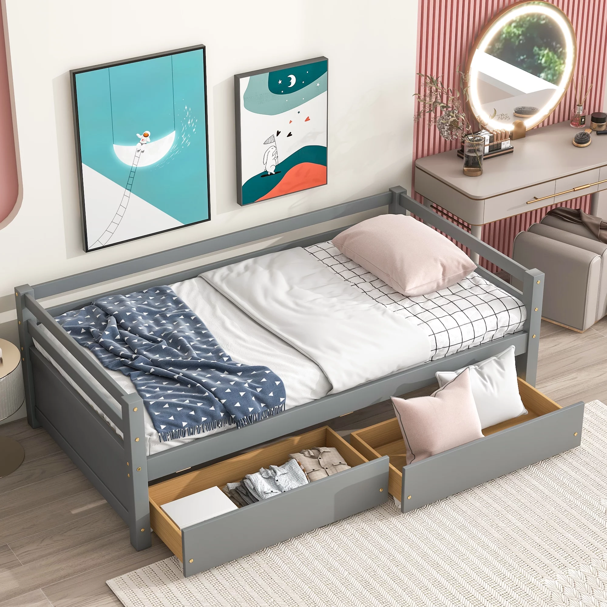EUROCO Twin Wood Daybed, Sofa Bed with Two Drawers for Bedroom & Living Room, Gray