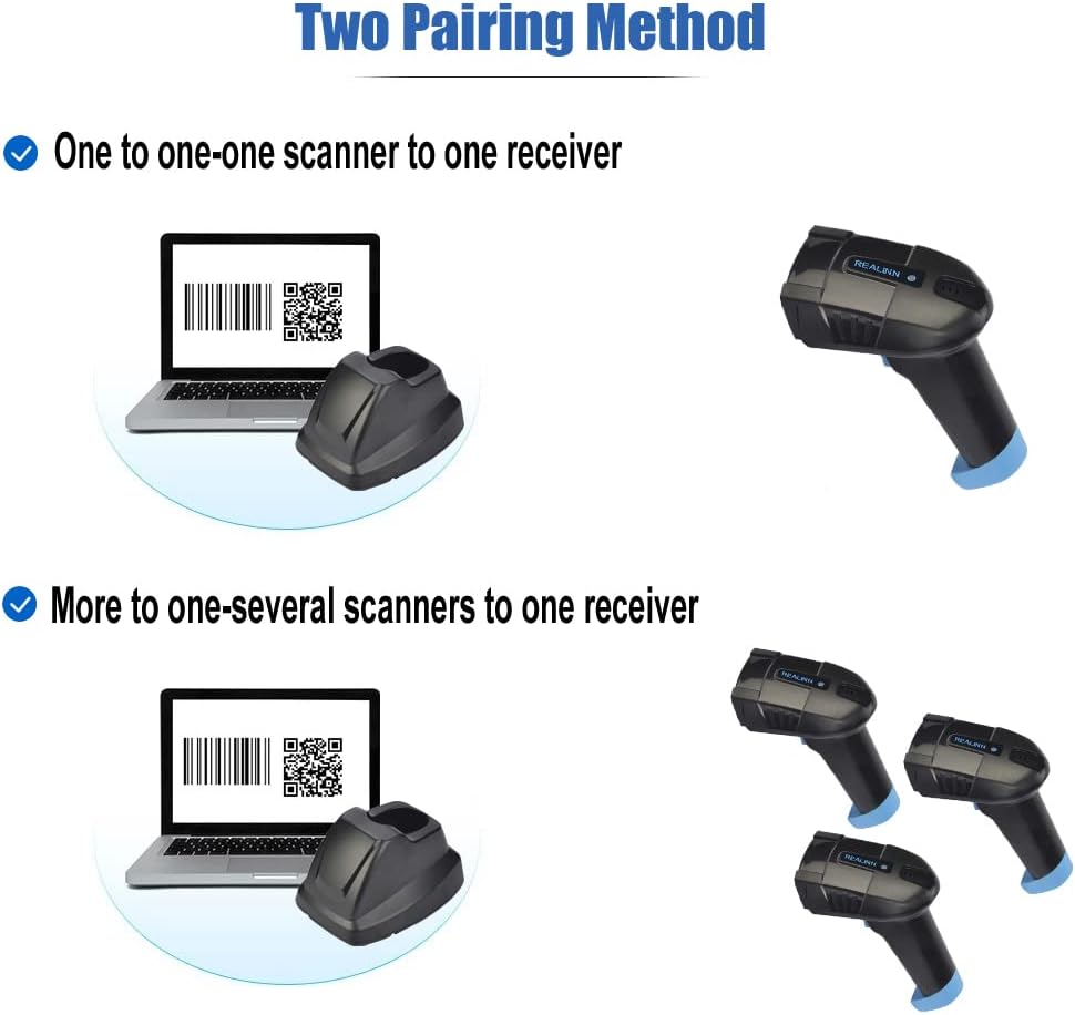 REALINN Cordless Barcode Scanner 2D QR Code Bar Code Reader with USB Cradle 328ft Transmission Distance CMOS Imager Data Matrix PDF417 UPC Scanners