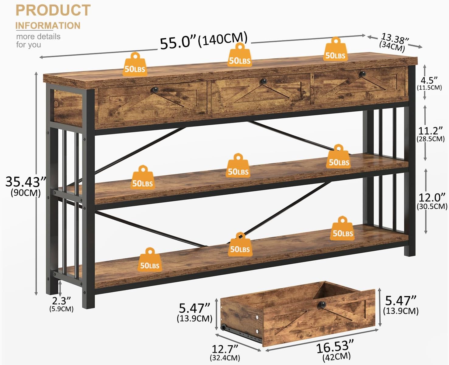 HSH Entryway Console Table with 3 Drawers, Wood Metal 3 Tier Sofa Table with Storage Shelf for Hallway