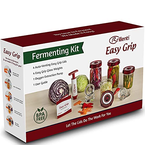 Mason Jar Fermentation Kit - Food Grade Fermenting Lids for Wide Mouth Mason Jars, includes Easy Grip Fermenter Lids 4-Pack, Weights and Pump