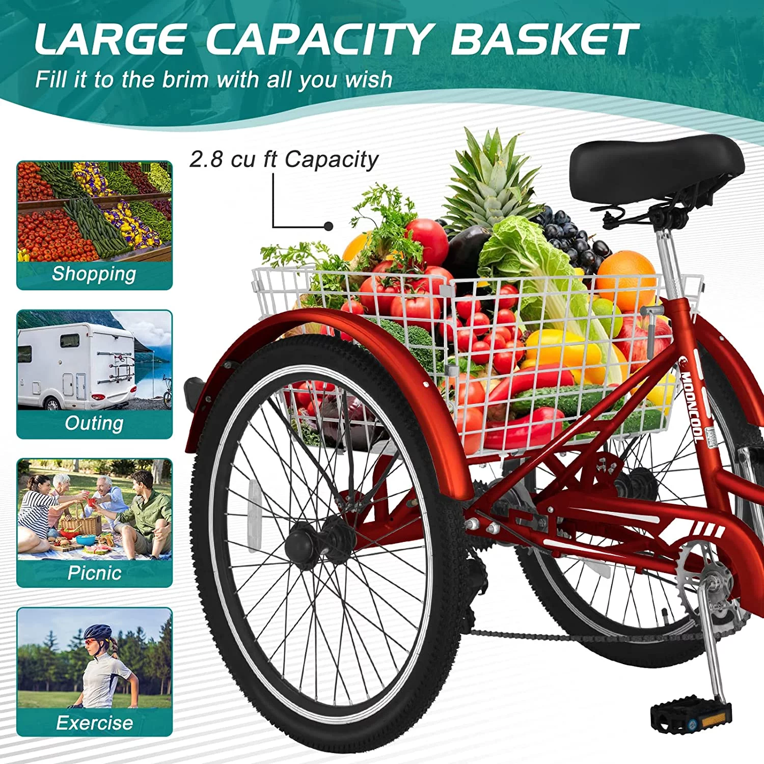 Docred Adult Tricycle 7 Speed 24 Inch Three Wheel Bike Cruiser Trike for Men/Women/Seniors