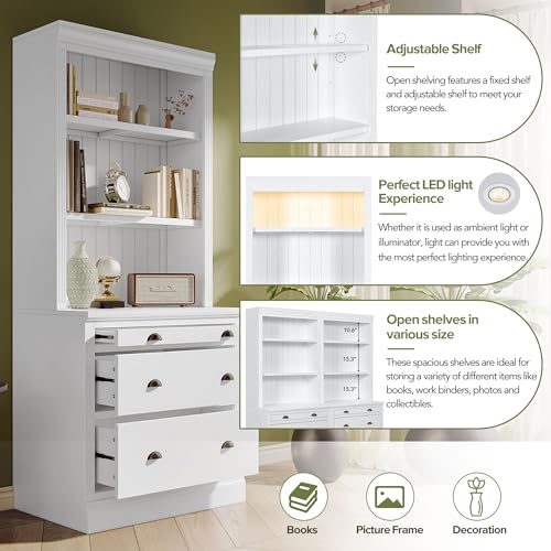 Modern 83.4" Tall 2 Bookshelf & 1 Writting Desk Suite,Bookcase Suite with LED Lighting, Drawers,Study Desk and Open Shelves