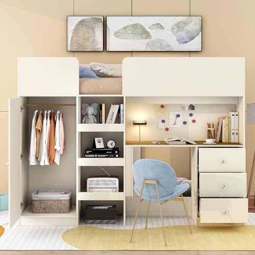 Harper & Bright Designs Full Size Loft Bed with Desk, Wood Full Loft Bed Frame with Built-in Wardrobe, Storage Shelves and Drawers, Gray