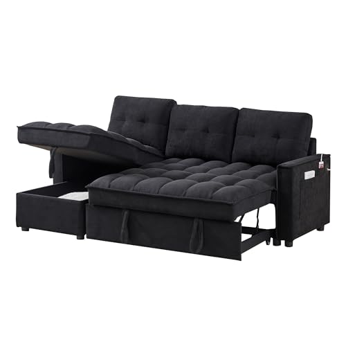 Convertible Chair Bed, 3 in 1 Convertible Sofa Bed Sleeper Sofa with Storage Chaise & Side Pocket, Built-in Charging Station