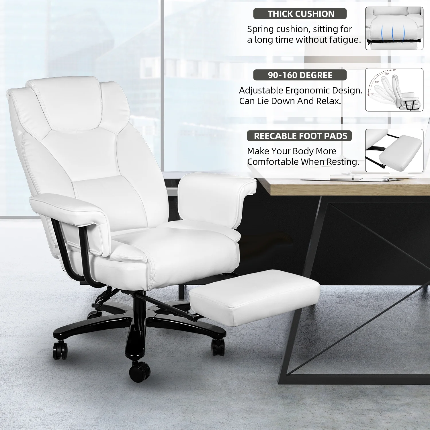 SeekFancy High Back Executive Office Chair, Ergonomic PU Leather Office Chair Heavy Duty Computer Desk Chair Reclining Office Chair with Footrest