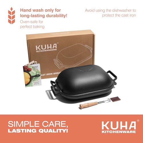 KUHA Cast Iron Bread Pan with Lid + Bread Lame - Black Heavy Duty Cast Iron Loaf Pan for Homemade Breadmaking - Pre-seasoned Bread Oven