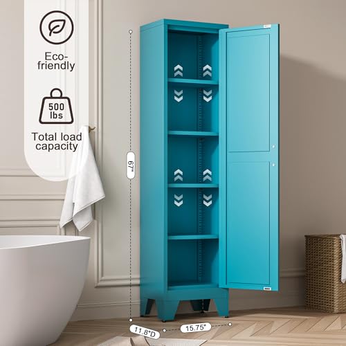 Tall Bathroom Cabinet,Narrow Metal Storage Cabinet with 5 Adjustable Shelves and Single Barn Door,Slim Pantry Storage Organizer for Bathroom,Kitchen