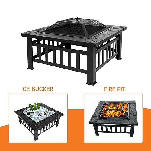 30" Fire Pit Table with Marble Tile Top, Fire Pit with Spark Screen Lid, Fire Grate, Waterproof Cover, and Fire Poker for Outside Patio, Yard Party