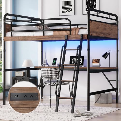 Full Size Loft Bed with Desk and Stairs, Heavy-Duty Steel Loft Bed Frame with Wardrobe & LED Light