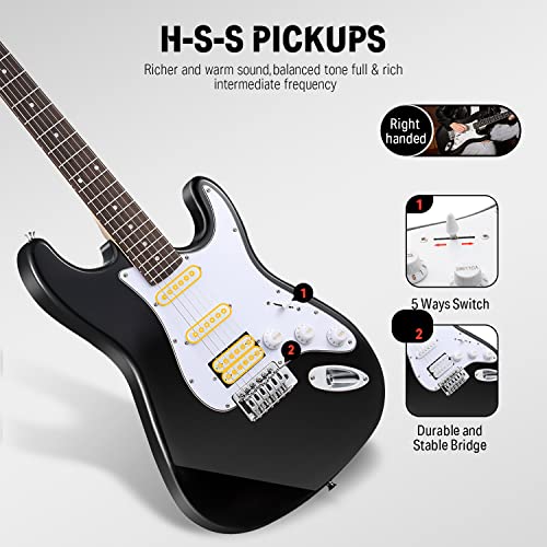 Donner DST-100B 39 Inch Electric Guitar Beginner Kit Solid Body Full Size Black HSS for Starter, with Amplifier, Bag, Digital Tuner, Capo, Strap