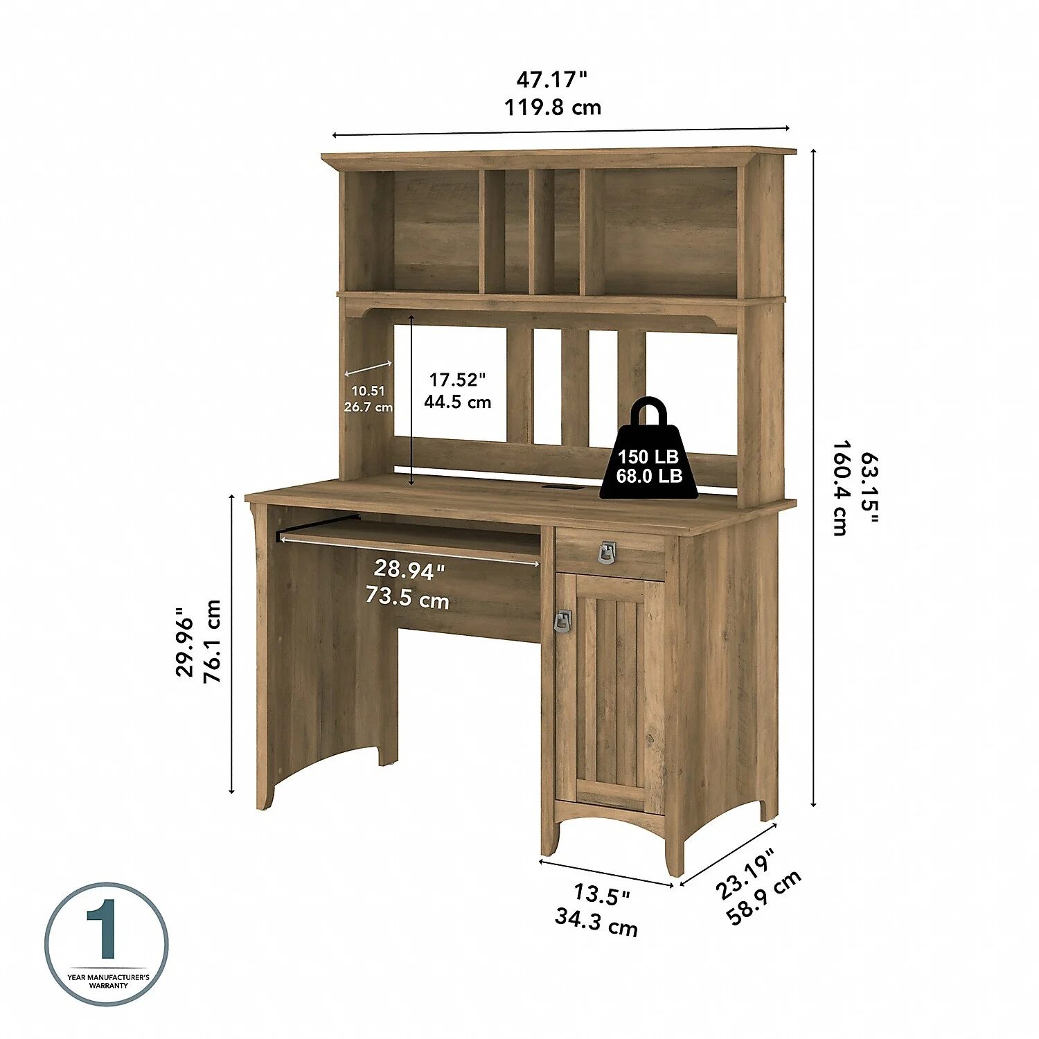 Bush Furniture Salinas Mission 48" Computer Desk and Hutch, Reclaimed Pine
