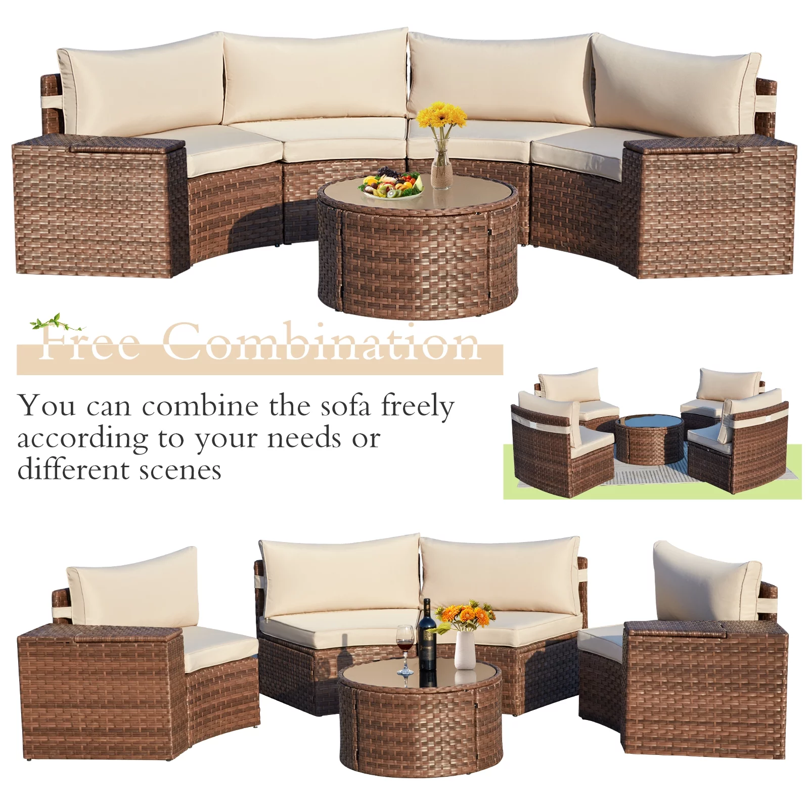 AVAWING 7-Piece Half Moon Patio Set, Wicker Sectional Sofa, Glass Table, Waterproof Covers (Beige)