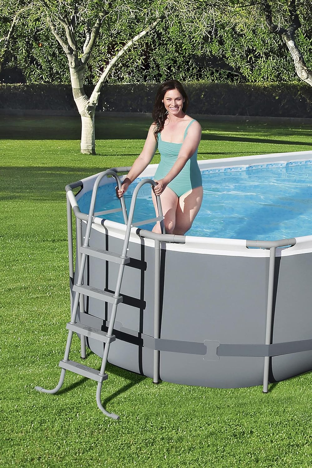 Bestway 56711E Power Steel 18' x 9' x 48 Outdoor Oval Frame Above Ground Swimming Pool Set with 1500 GPH Cartridge Filter Pump, Cover, & Ladder, Gray