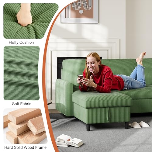 Vongrasig Convertible Sleeper Sofa, Pull Out Couch with Storage, 77" L-Shaped Sofa Bed with Storage Chaise Corduroy Fabric for Living Room, Apartment