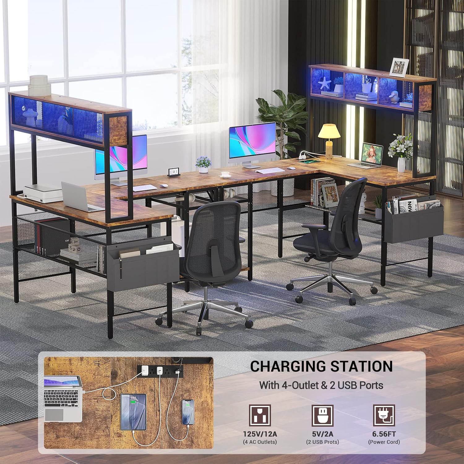 Aheaplus L Shaped Gaming Desk with LED Lights & Power Outlets, 55 Inch L-Shaped Computer Desk with Storage Shelf & Monitor Stand