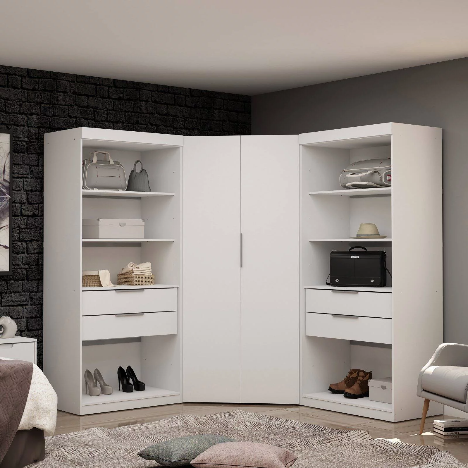 Manhattan Comfort Mulberry 2.0 Semi Open 3 Sectional Modern Wardrobe Corner Closet with 4 Drawers - Set of 3 in White