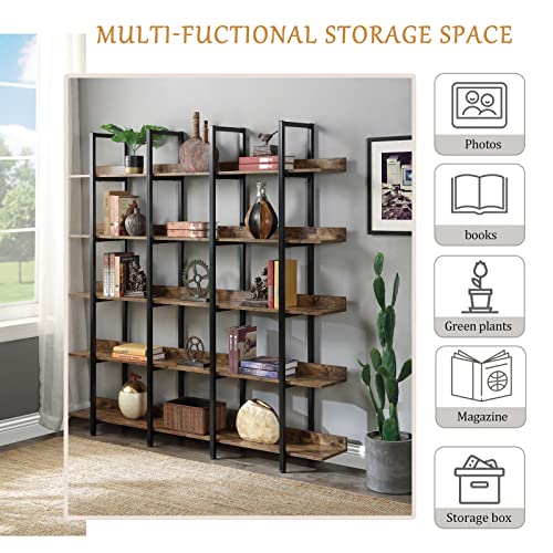 5-Tier Bookshelf，Vintage Industrial Tall Bookcase Shelf Storage Organizer,Book Shelf,with Metal Frame Home Office Open Bookcases