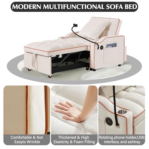 3 in 1 Sleeper Sofa Couch Bed, Velvet Convertible Single Sleeper Sofa with 3 Level Adjustable Backrest, Storage Pockets, Toss Pillows