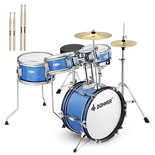 Kid Drum Sets-Donner 5-Piece for Beginners, 14 inch Full Size Complete Junior Drum Kit with Adjustable Throne, Cymbal, Hi-Hat, Pedal & Drumstick