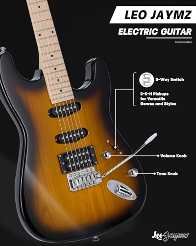 Leo Jaymz 39" Full Size ST Style Electric Guitar Starter Kit with SSH Pickup, 5W Portable Amp, Tuner, Gig Bag, Strap & Accessories (Violet Ocean)