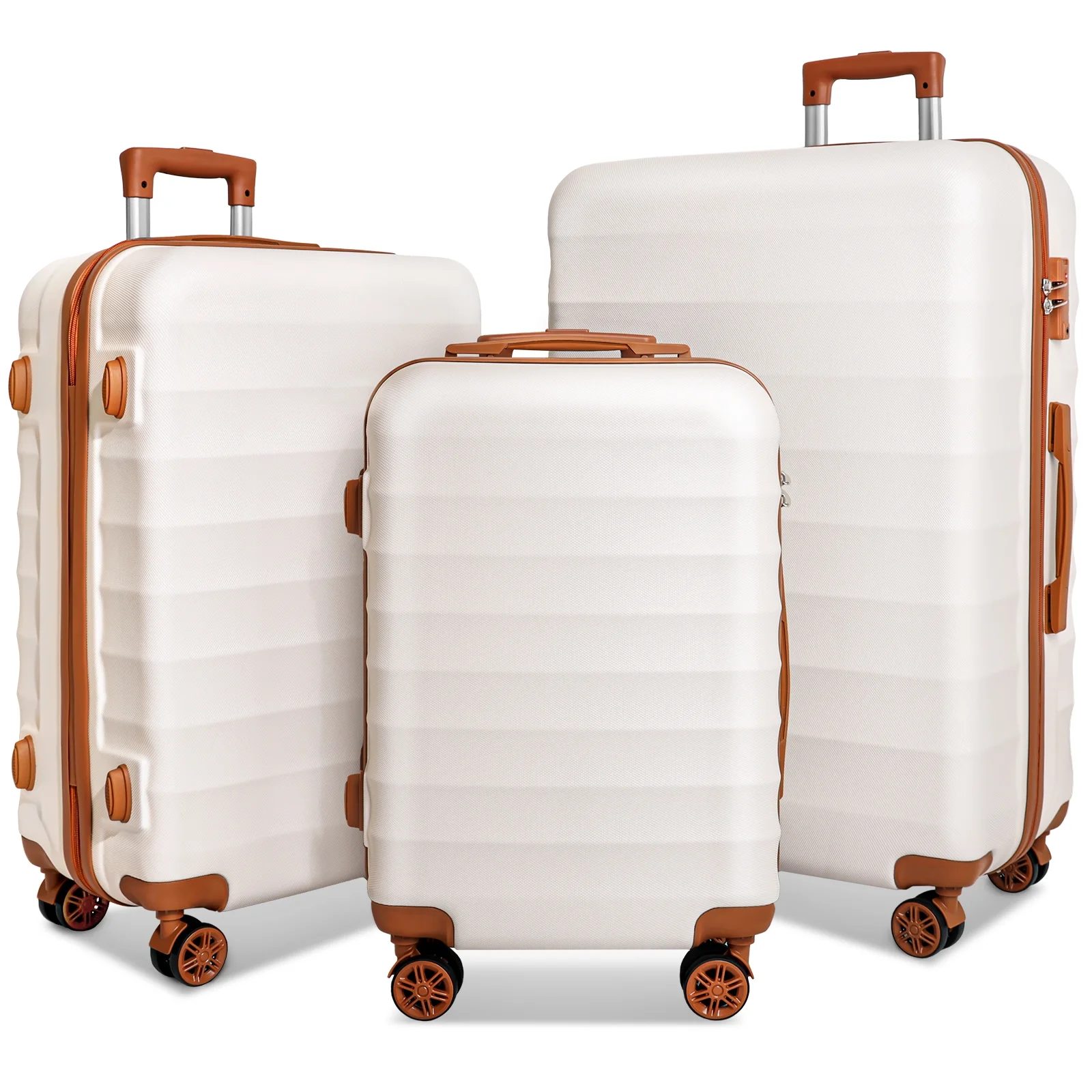 SUGIFT 3 Piece Expandable ABS Hardshell Luggage Sets Spinner Wheel Suitcase TSA Lock Suit Case, White+Brown, 20/24/28 Inch