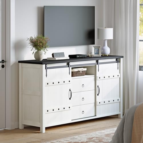 REAHOME 60" Buffet Cabinet with Storage, Farmhouse Sideboard Buffet Cabinet with Sliding Barn Doors & 3 Drawers