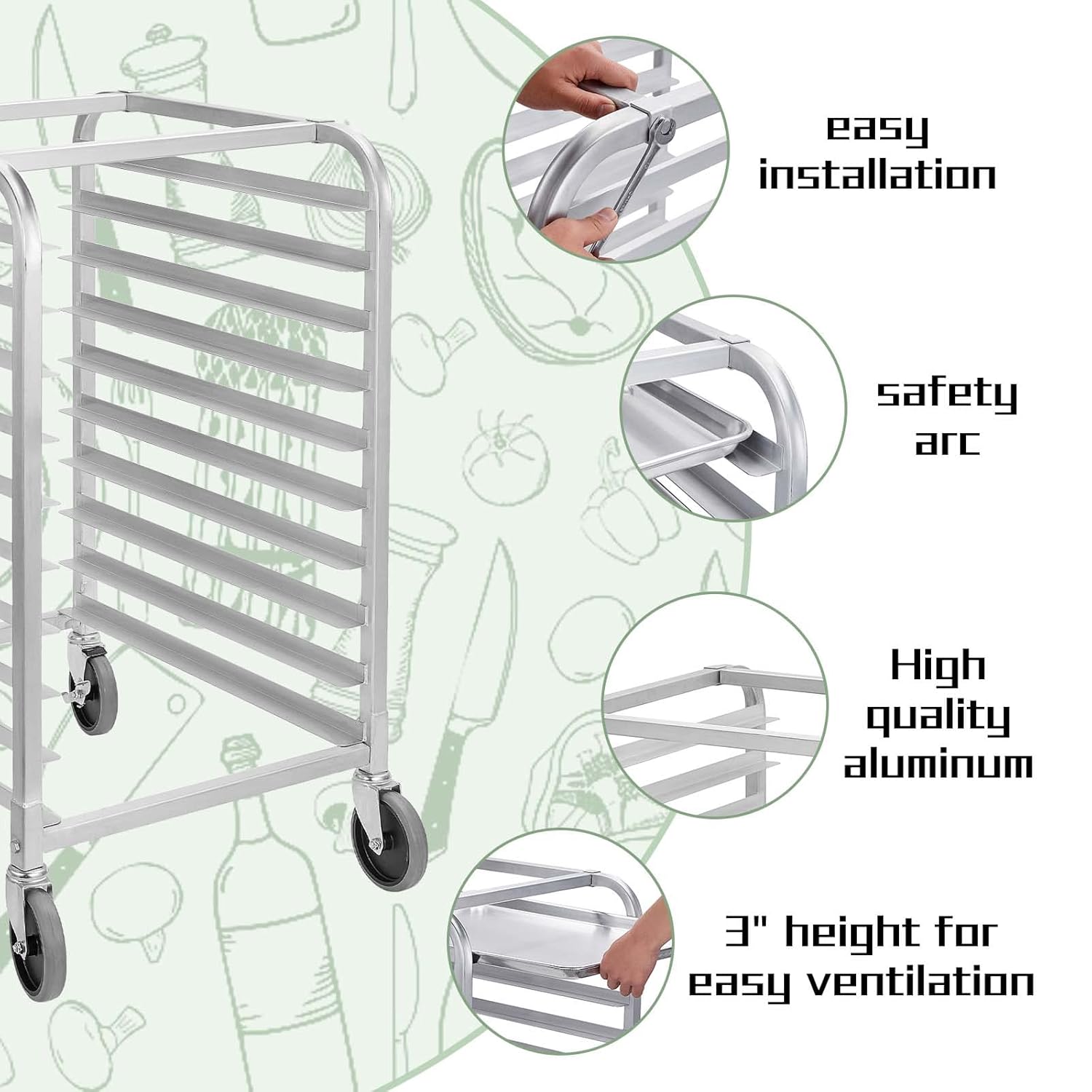 Bun Pan Rack 10 Tier with Wheels, Commercial Bakery Racking of Aluminum for Full & Half Sheet - Kitchen, Restaurant, Cafeteria, Pizzeria