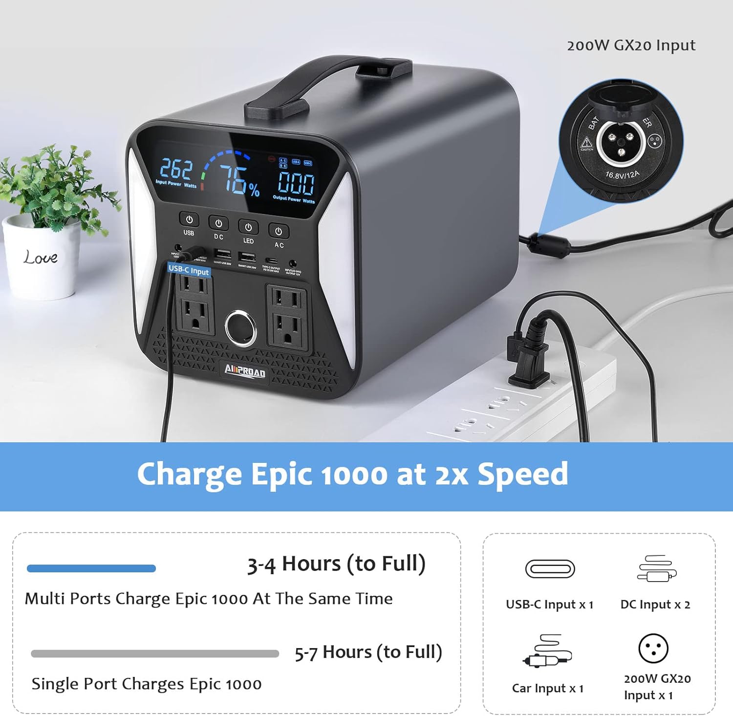 AMPROAD Portable Power Station Epic 300, 300Wh Backup Power Supply with 4*LED Lights and AC/DC/QC USB Ports, Solar Generator for Home Use, Camping