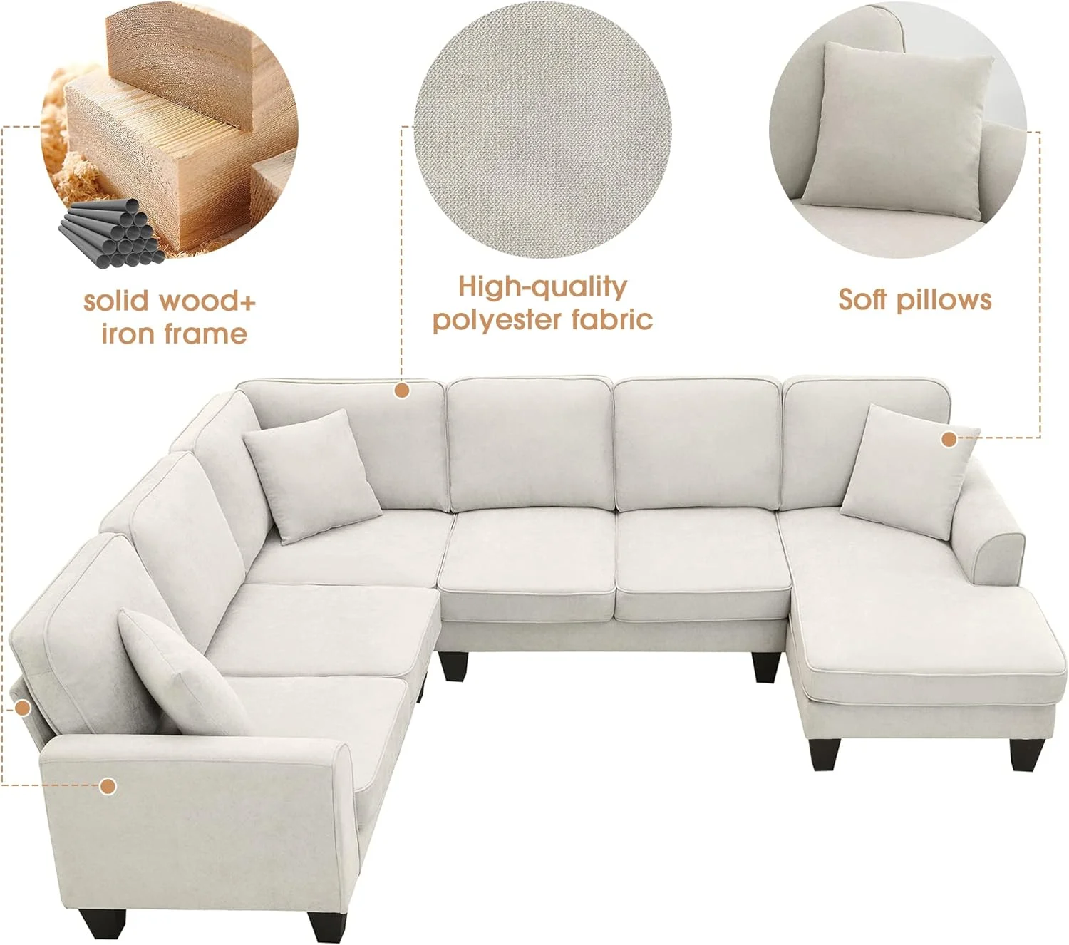 U Shape Sectional Sofa,7-Seat Fabric Sectional Sofa Set With 3 Pillows,Fabric Corner Couch With Backrest And Armrest For Living Room, Apartment
