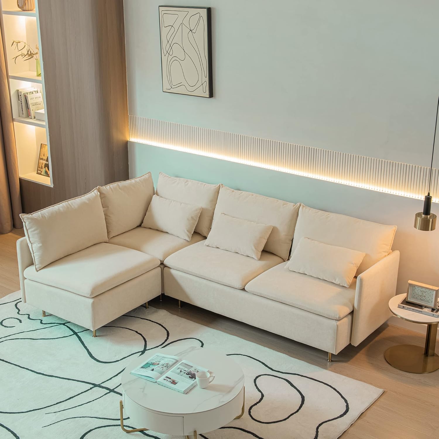 Modular L Shaped Corner Sofa,Left Hand Facing Sectional Couch,Beige Cotton Linen 90.9''